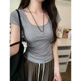 U-Collar Slim Shoulder Short T-Shirt Women 2024 Summer New Style Short Short-Sleeved Blouse