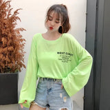 oversized T Shirt Women batwing Sleeve Basic Korean letter printed purple t-shirts Top Female Long Sleeve White