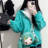 Anime Rabbit Ear Detachable Hoodie Jackets Y2k Long Sleeve Zipper Coat Women Spring New Mid-length Loose Tops Mujer-Outfit