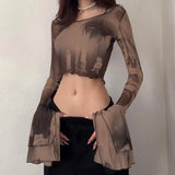 Fongt Slim Mesh Print Sleeve Horn Long Sleeve Perspective Crop Fashion Women's Top-Outfit