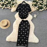 Fongt Suit Women's 2025 Summer High-End Round-Neck Short-Sleeved Bow Print Top High-Waisted Hip Skirt