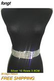 10 Rows Full Rhinestone Width 3.5 CM Waist Belts Women Diamante Crystal Chain Bride Wide Shiny Gold Silver Waist
