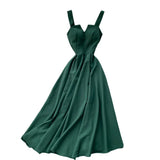 New Design Sense Careful Machine V Collar Back Retro Solid Color Waist Show Thin Hem Long Dress Women's Dress-Outfit
