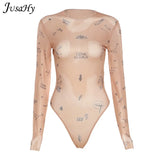 Sexy Mesh See-through Printed Bodysuit Tight-fitting One-piece top Woman O-Neck Skinny Pull-over Casual Street