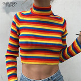 Rainbow Sweaters Pullover 2020 Winter Spring Slim basis Short Ladies Clothes Retro Stripes Femlae Knit Elasticity