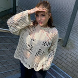 Fongt Smock Hollow Out Long Sleeve Knit Sweater Female Pure Color Versatile Loose Lazy Lazy Wind Sweater-Outfit