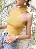 Women Halter Neck Off-shoulder Knitted Cropped Tank Tops Female Bodycon Tanks Sleeveless Basic Solid T shirts Tees Camisole-Outfit