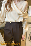 Slim Women Off-Shoulder Long Sleeve Chiffon Blouse Autumn 2023 Elegant Satin shirt Solid OL Tops Chemisier Femme