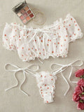 White Strawberry Print Mesh Off Shoulder Lingerie Set-Outfit