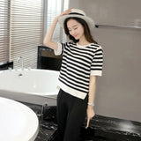 Fongt Summer New Women's Loose Korean Version Of Plus Size Jacket Black And White Stripe Front Short Back Long Short Sleeve T-Shirt Female
