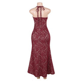 Red Lace Flower Halter Mermaid Style Maxi Dress-Outfit
