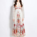 Fongt Holiday Style Dress Women's Spring Court Deep V-Neck Lace Horn Sleeve Single Buckle Print Dress