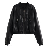 Temperament Leisure Spring New Style Retro Standing Collar Locomotive PU Imitation Leather Pilot Jacket Jacket-Outfit