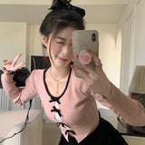 Fongt Fragrant Windy Bow Bow Long-Sleeved Knitted Girl Autumn New Design Hollow Wears Solid Color Long-Sleeved