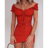 Ruffle Office Lady Slash Neck Printed Pencil