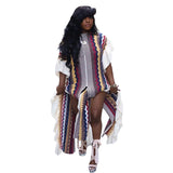 Fongt New Women's Dress Flounce Knitted Striped Slit Dress-Outfit