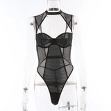 Dark Mesh Sexy See Through Gothic Lingerie Thong Bodycon Backless Halter Women's Bodysuits Lace Hollow Out Night