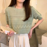 Fongt Version Of Chic Summer Sweet Round Collar Hooded T-Shirt Design Hollow Flowers Thin Knitted Shirt
