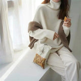 Fongt High-Necked Sweater Thick Sweater Loose Thigh Languid Knitted Large-Size Bottom