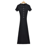 Fashion Women's Wear Pure Style Lapel Short-Sleeved Fishtail Dress Skirt Waist Slim Hip Knit Long Skirt-Outfit