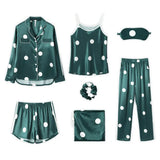 Spring 7 Pieces Set Silk Elegant Women Pajamas stripe Shorts Long Sleeve Tops Elastic Waist Pants Full Lounge
