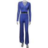 Fongt 2025 New Knitted Set Of Women's Fluorosclumned Casual Solid Color Hollow High-Waisted Trousers Commuting Suit