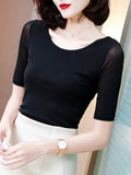 Thin Mesh T-shirts Women O-neck Half Sleeve Bottoming Tee Girls Solid Slim T shirts Tops For Female-Outfit