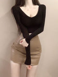 Slim High Quality Plain T Shirt Women Cotton Elastic Summer Female Crop Top Long Sleeve Sexy Thin T-shirt See Through-Outfit