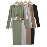 Trendy Women's Suit Is Sexy And Fashionable Long-Sleeved Jacket Sling Vest Forked Skirt Three-Piece Set-Outfit