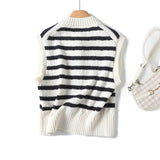 French Lazy Style Black And White Striped Knitted Vest In Autumn-Outfit
