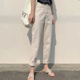 Fongt Waist Jeans Female 2024 New Autumn Thin Model Versatile Show Thin Loose Straight Tube Nine Points Trend White Pants-Outfit