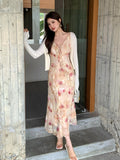 Fongt Xixi 2025 Summer New Korean Version Of High-Waisted Holiday Sling Dress V-Neck Print Pure Desire Skirt 88253