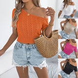 And Summer Leisure Shoulder Hollow Jaw Short Sleeve Knitted Shirt Holiday Short Umbilly Tops Women's