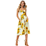 Boho Printed Beach Dress Women Spaghetti Straps Backless Sexy Dresses Female Casual Button Pocket Sleeveless Midi