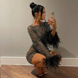 Bling Mesh Feathers Rhinestone Women Dress Long Sleeves Diamond Fishnet Hollow Out See Through Evening Party