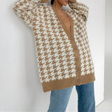 Houndstooth V-neck Knitted Cardigan Women Long Sleeve Female Sweater Coat Fashion Autumn Sweet Ladies Oversized