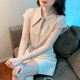Fongt Shirt Female 2023 Summer Pendant Feeling Short Sleeve Retro Port Style A Button Small Necktie Commuting Professional Wear-Outfit