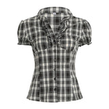 Fongt Cloth Forget British Wind Wood Ear V-Neck Check Shirt Temperament Waist Button Bubble Sleeve Top