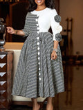 Fongt Women's New Fashion Elegant Round Neck Seven-Sleeve Print Spliced African Dress