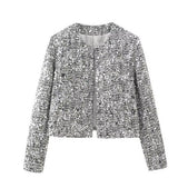 Fongt Women's Clothing Explosion ZA Autumn And Winter New Round Neck Solid Color Sequins With Coarse Flowers And Sequin Suits