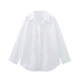 Women's Lapel Hollowed-Out Embroidery Long-Sleeved Single-Breasted Shirt 7969071-Outfit