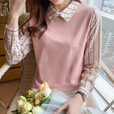 Lady Printed Knitted Patchwork Shirt Fake Two Pieces Spring Autumn Turn-down Collar Female Loose Button Sweet Blouse 2023-Outfit