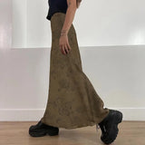 Fongt Retro Floral Print Brown Gauze Dress Women's 2024 Autumn New Thin A-Line Skirt-Outfit