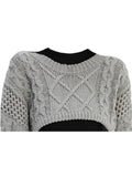 Autumn New Women Solid Color Pullover Sweater Hollow Out Knitted Long Sleeve Cropped Sweater Korean Style Casual