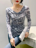 Autumn Mesh T-shirt Women Full Sleeve Irregular Hem Elegant High Stretch Slim Top-Outfit