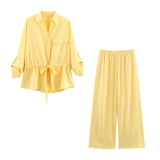 Fongt Women's 2025 Summer Drawstring Long-Sleeved Shirt + Casual Pants Set Women's B88851/2F