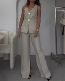 Fongt Spring And Summer New Solid Color V-Neck Sleeveless Vest Wide Leg Pants Casual Two-Piece