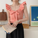 Fongt Care Machine Sling Women's Summer New Vest Solid Color Bow Tie With Short Lotus Leaf Tops