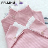 Patchwork Warm Sweater Women Elegant Long Sleeve Slim Turtleneck Knitted Pink Tops Chic Ruffle Pullover Fake 2