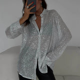 Fongt 2025 New Pearl Blouse Collared Long-Sleeved Sleeve-Jersey Basic Women's Shirt